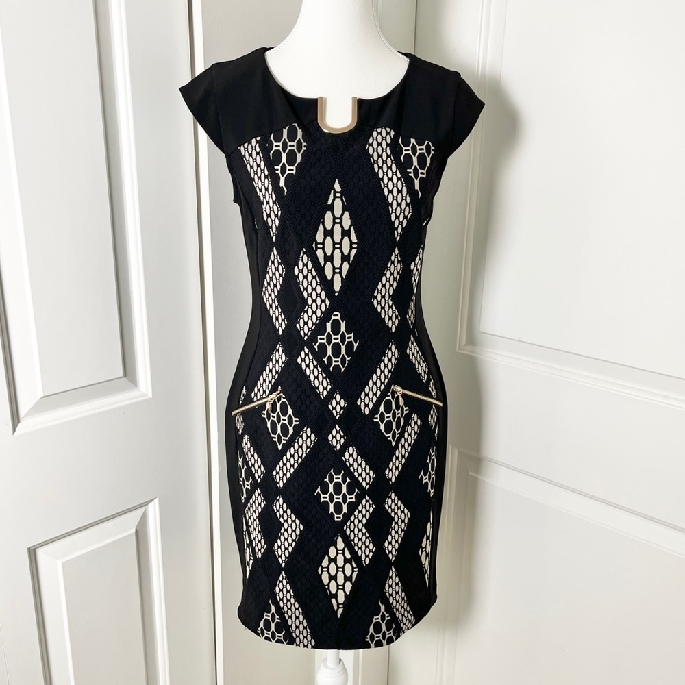Joseph Ribkoff Bodycon Moto Dress – Chain Link Paneling, Metal Collar, Size 8